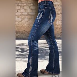 Flamingals Feather Embroidery Split Hem Mid Waist Bootcut Jeans